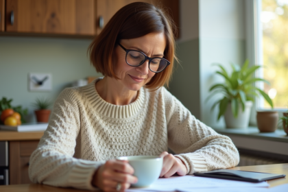 Femme d'âge moyen lisant des documents médicaux à la maison