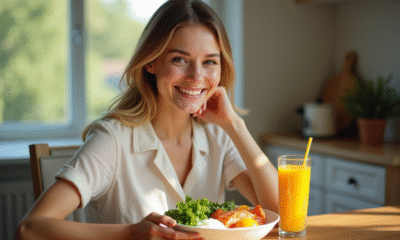 Femme souriante près d'une fenêtre ensoleillée avec aliments riches en vitamine D
