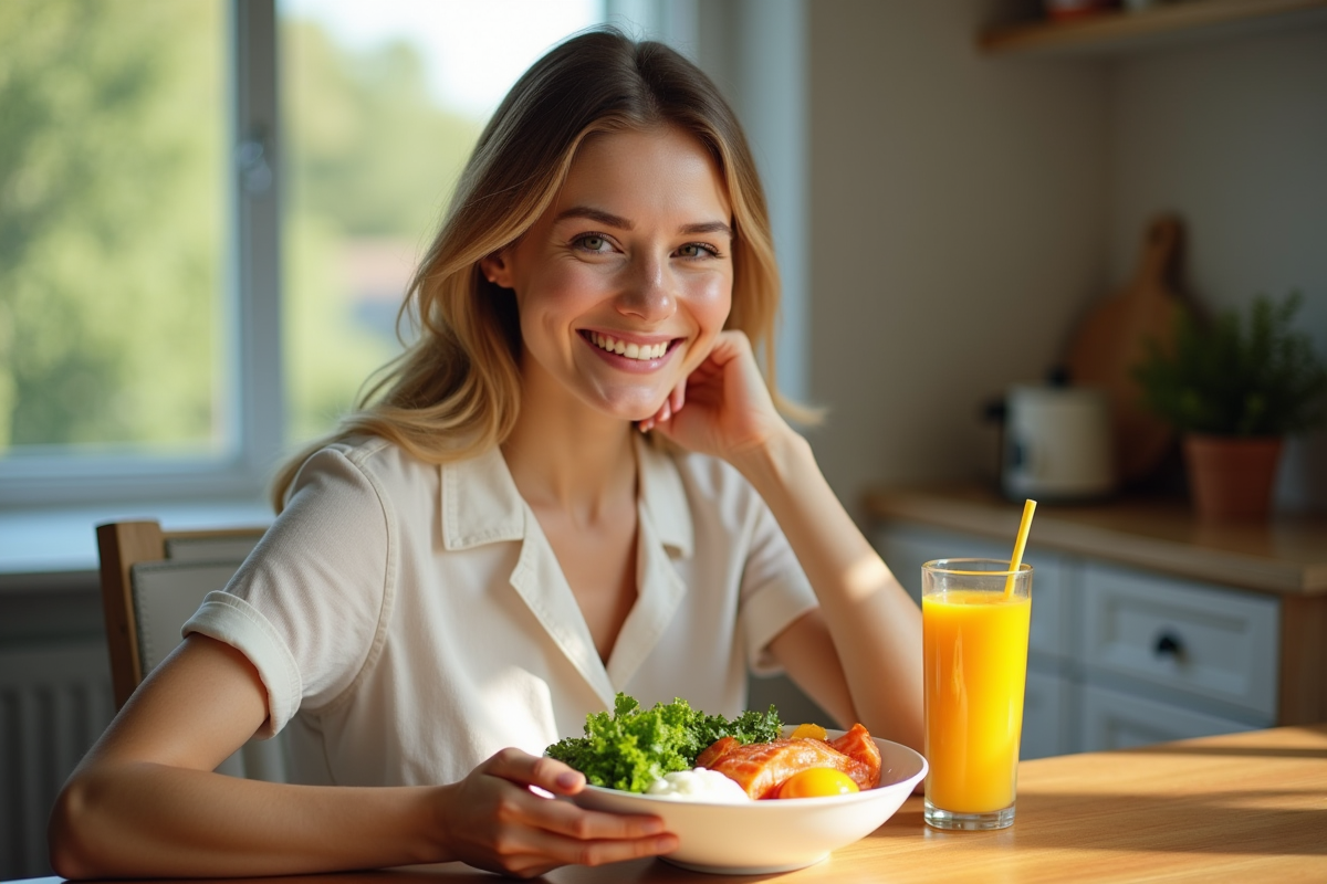 Femme souriante près d'une fenêtre ensoleillée avec aliments riches en vitamine D