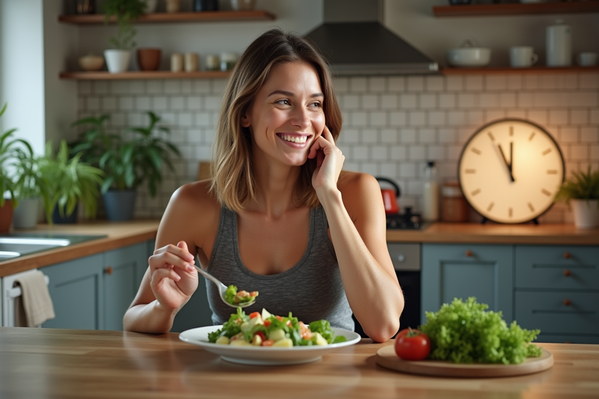 Femme en salle à manger saine et détendue