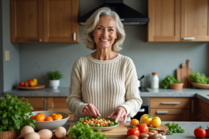 Femme en cuisine préparant une salade protéinée colorée