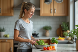 Femme préparant une salade saine dans une cuisine moderne