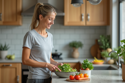 Femme préparant une salade saine dans une cuisine moderne