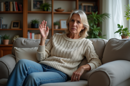Femme en pull tricoté assise sur un canapé intérieur