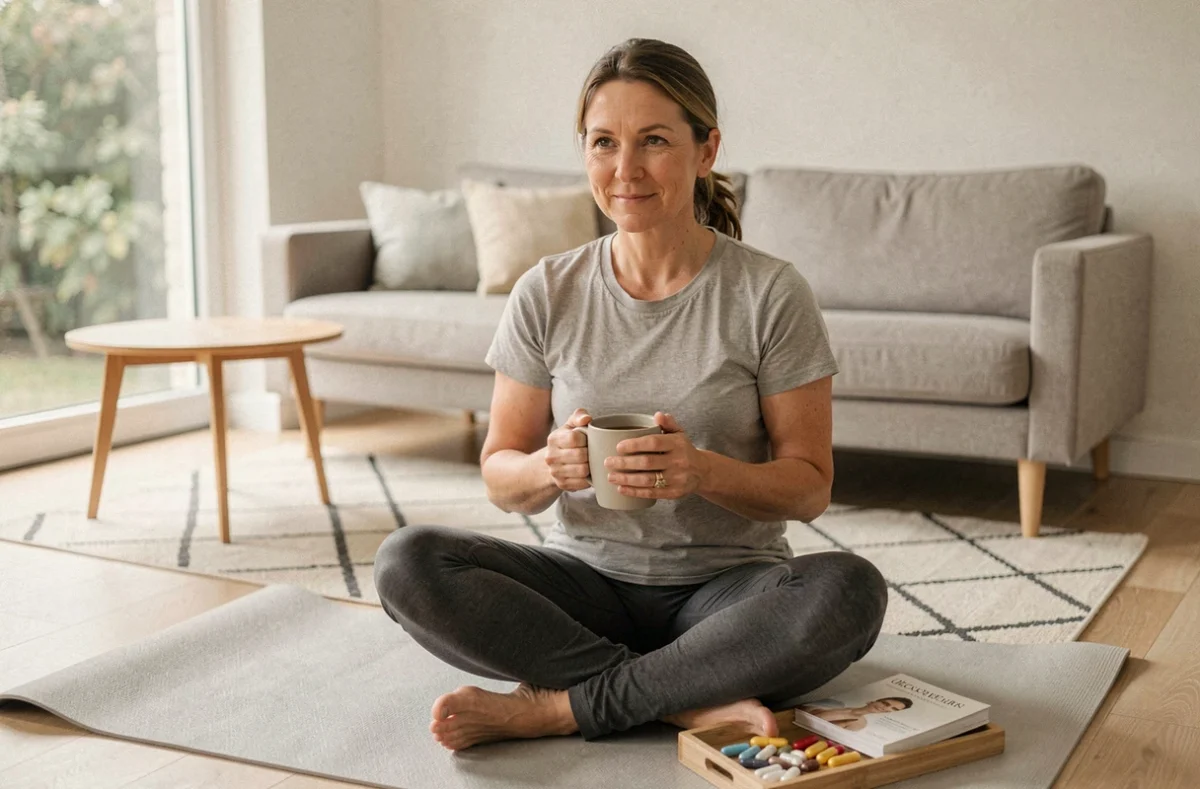 Femme d'âge moyen débutant un mode de vie en santé naturelle avec tisane et compléments alimentaires sur un tapis de yoga à la maison