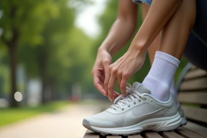 Femme ajustant des semelles orthopédiques Akusoli dans ses chaussures de marche sur un banc en plein air