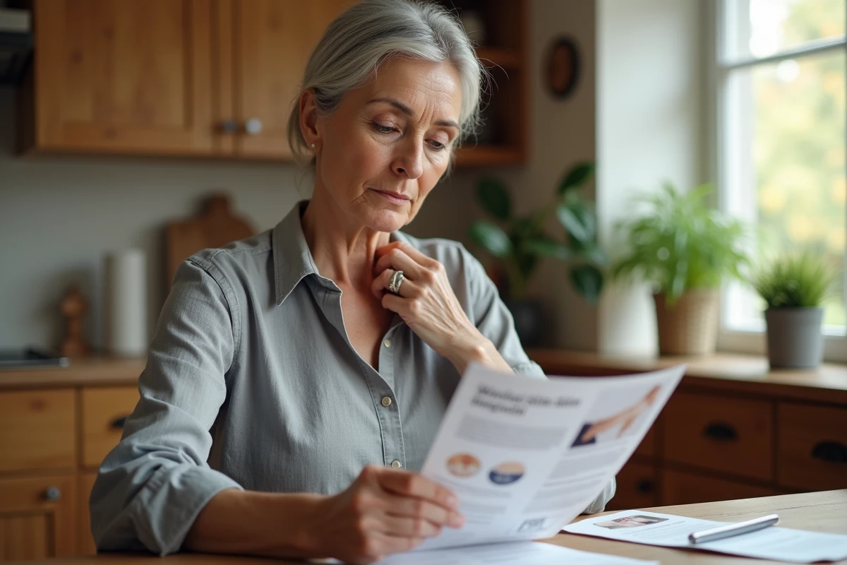 Femme senior consultant une brochure médicale sur la santé de la peau à son domicile