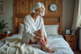 Femme senior se massant la jambe dans son lit