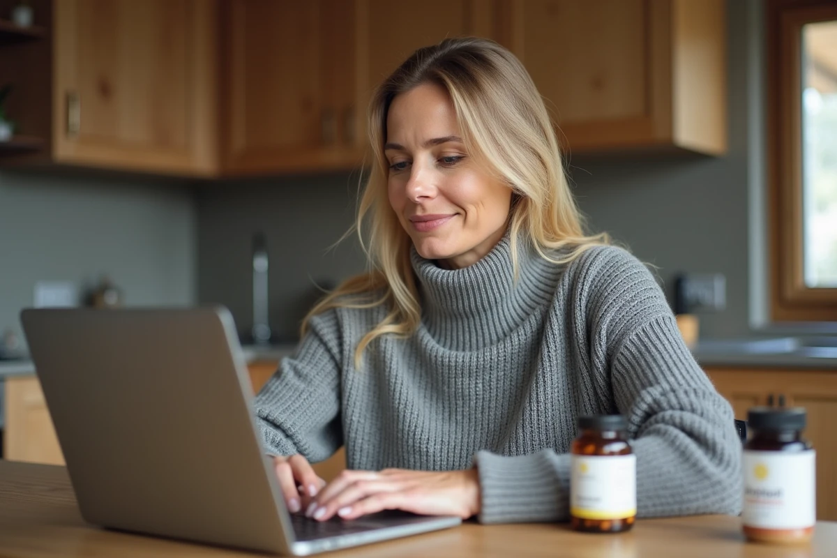 Femme consultant le site officiel Alviona sur son ordinateur portable à la maison