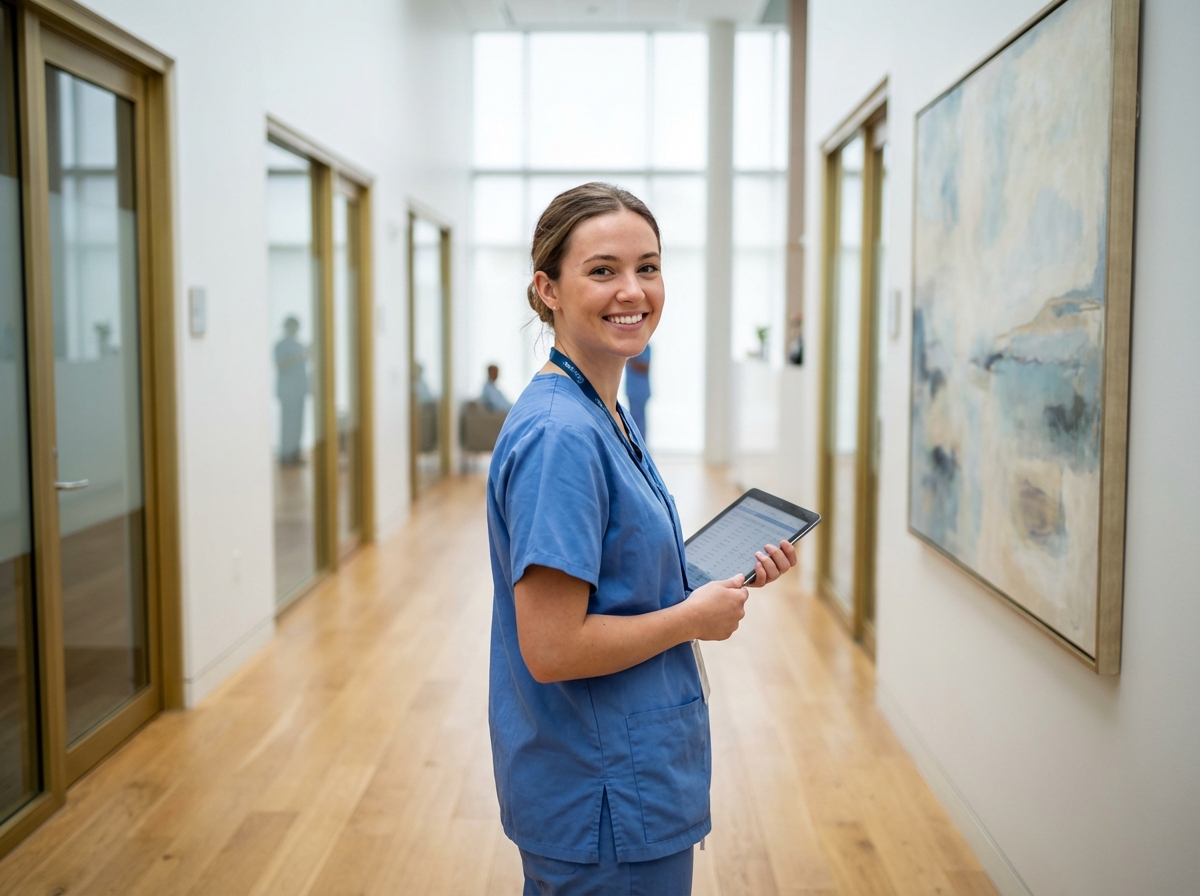 Jeune femme soignante en scrubs dans un couloir moderne