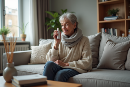 Femme d'âge moyen utilisant un spray nasal dans un salon cosy