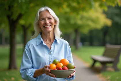 Femme souriante dans un parc avec un bol de fruits frais