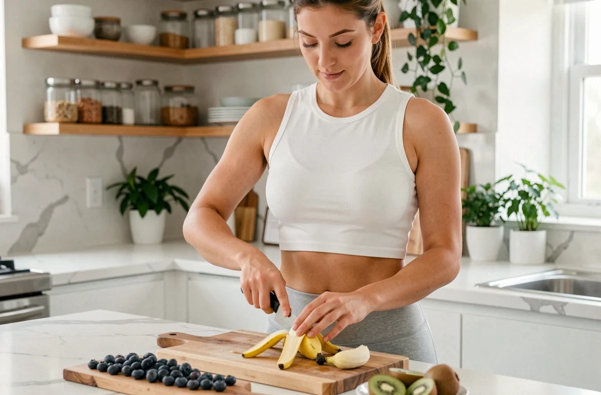 Femme sportive préparant une banane dans une cuisine saine pour perdre du ventre