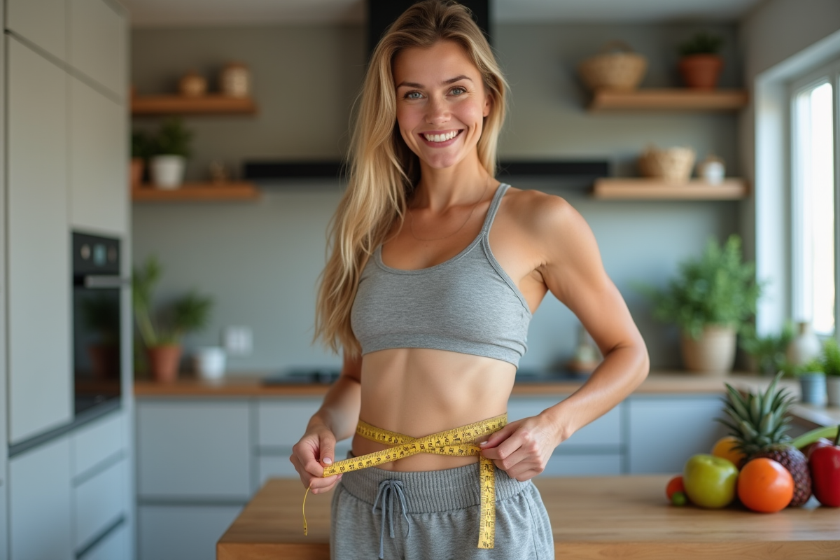 Femme souriante en tenue de sport dans une cuisine moderne