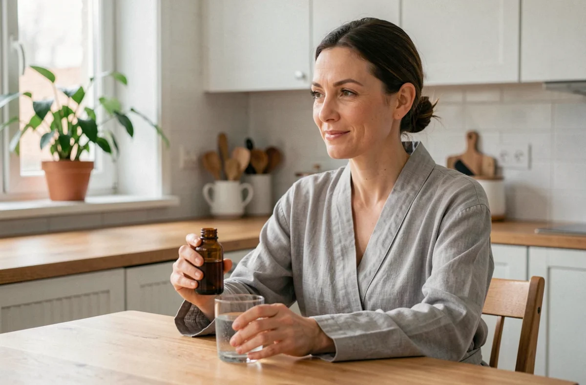 Femme de 35 ans tenant une bouteille de complément Supercalm Cortisol le matin dans une cuisine scandinave, bilan après 30 jours