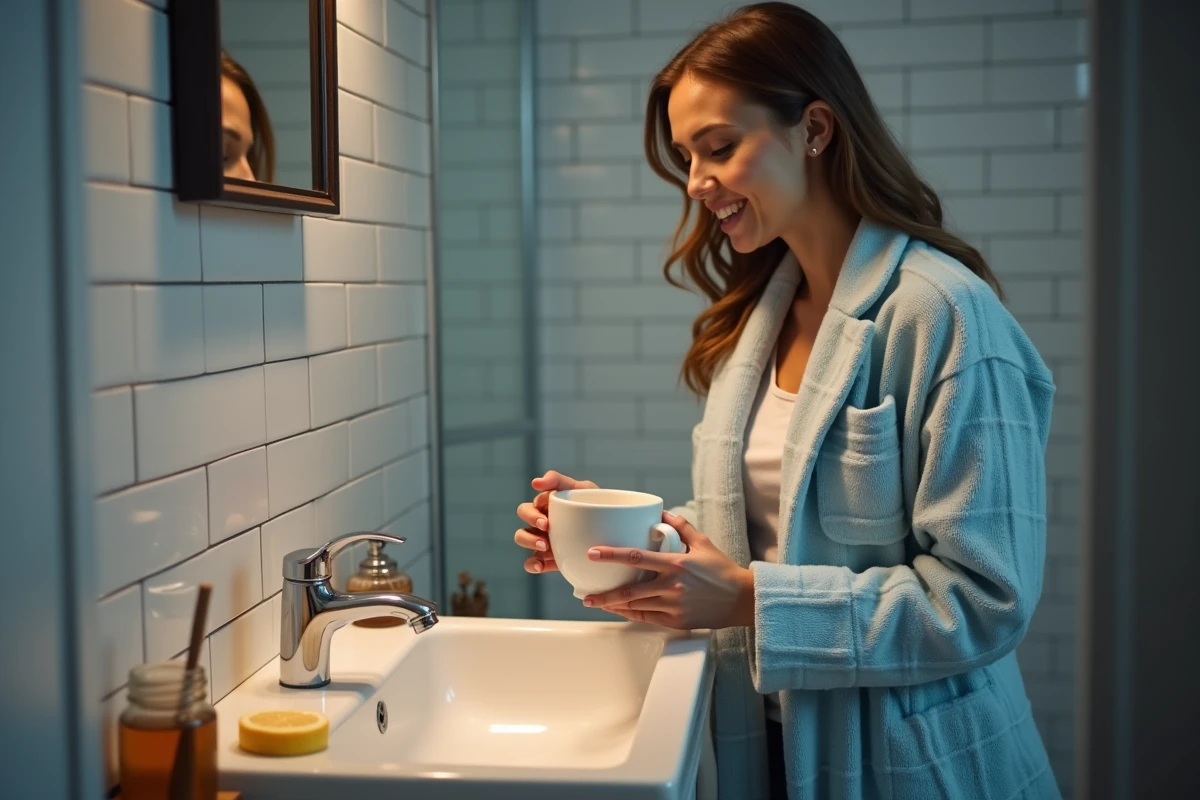 Femme adulte en robe de chambre dans la salle de bain la nuit tenant une tasse de tisane pour calmer la toux