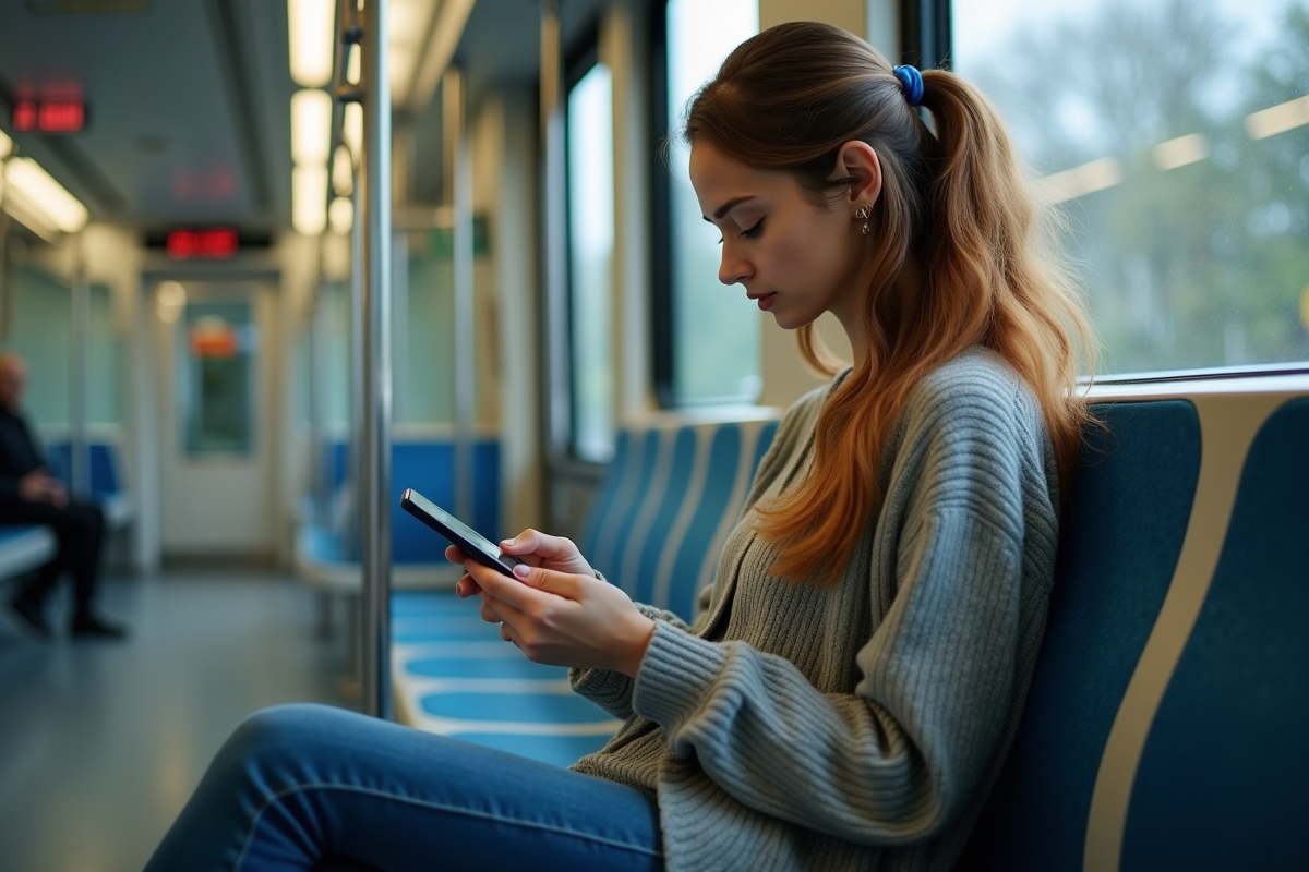 Jeune femme lisant un article sur les maladies infectieuses dans le tram