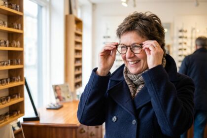 Femme souriante essayant des lunettes dans une boutique opticien