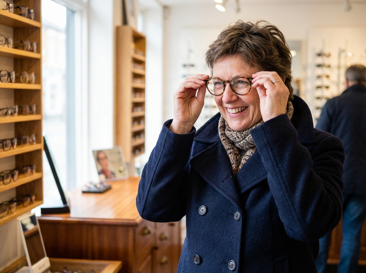 Femme souriante essayant des lunettes dans une boutique opticien