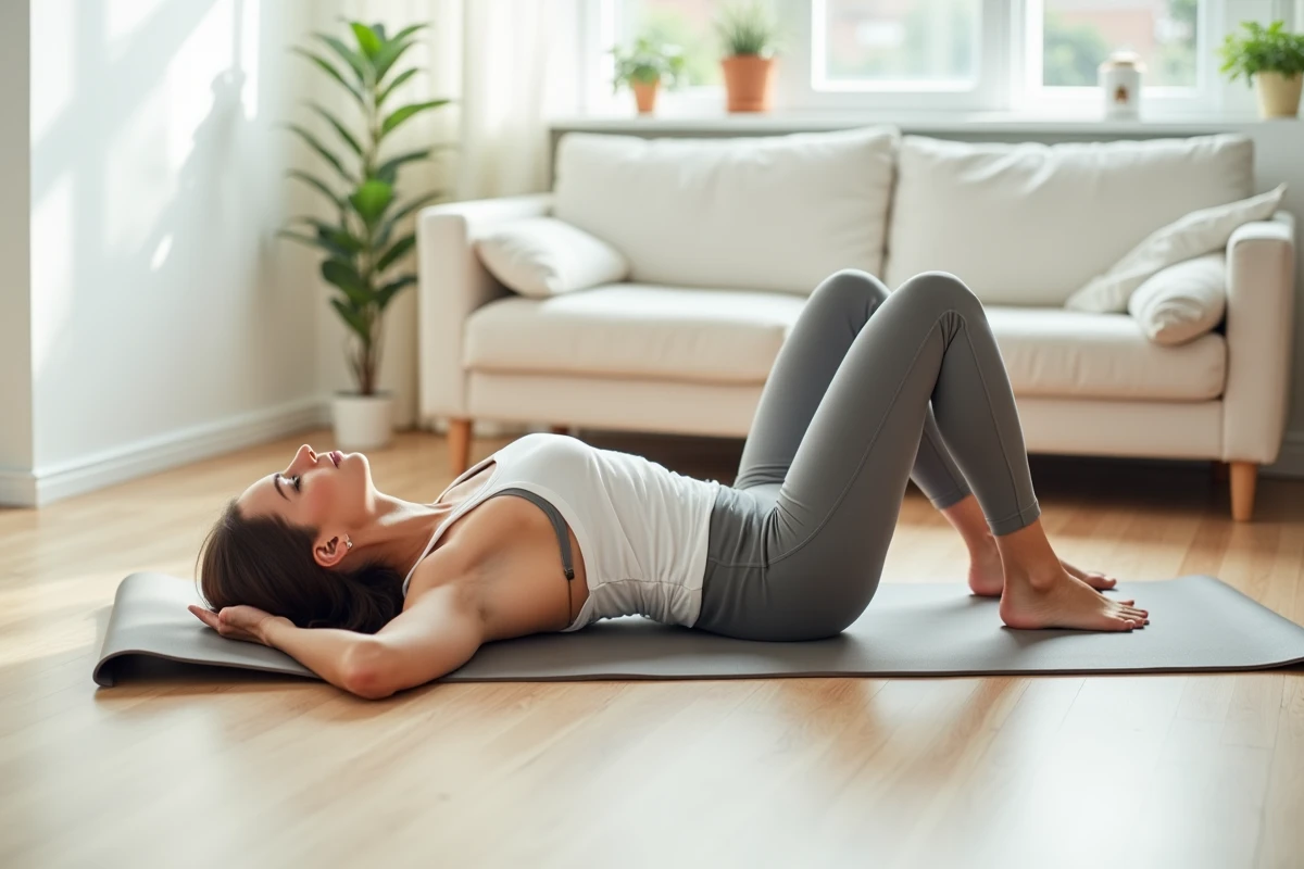 Femme pratiquant des exercices de respiration abdominale sur un tapis de yoga à domicile pour soulager les extrasystoles causées par les troubles gastriques