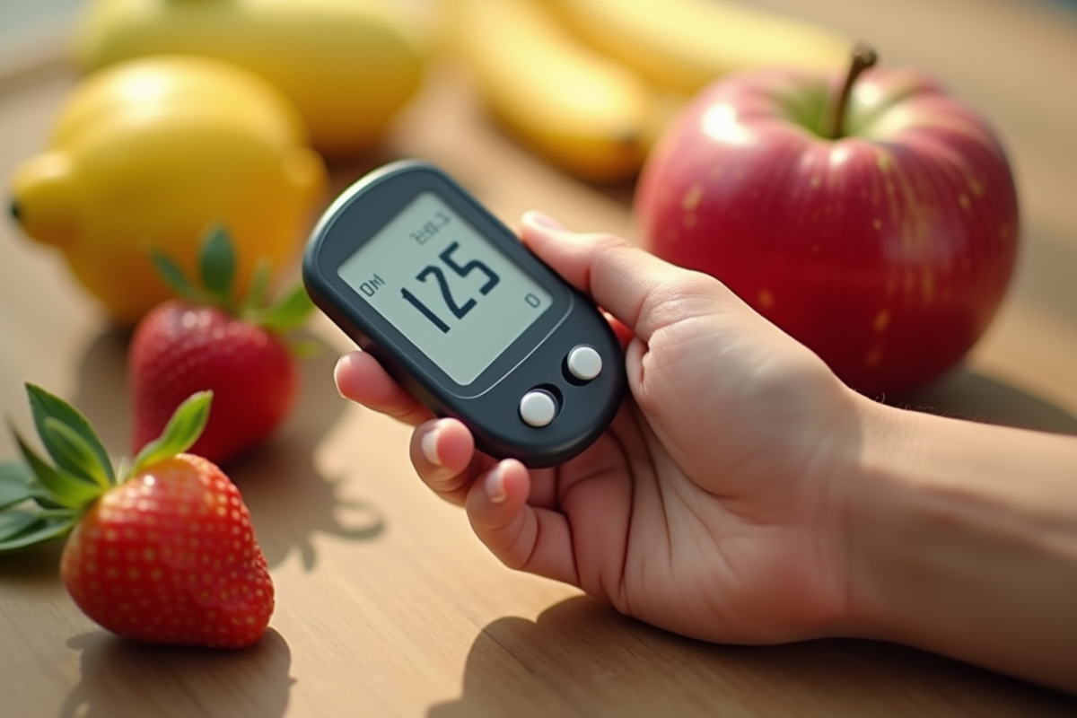 Gros plan sur un glucometre avec fruits frais en arrière-plan