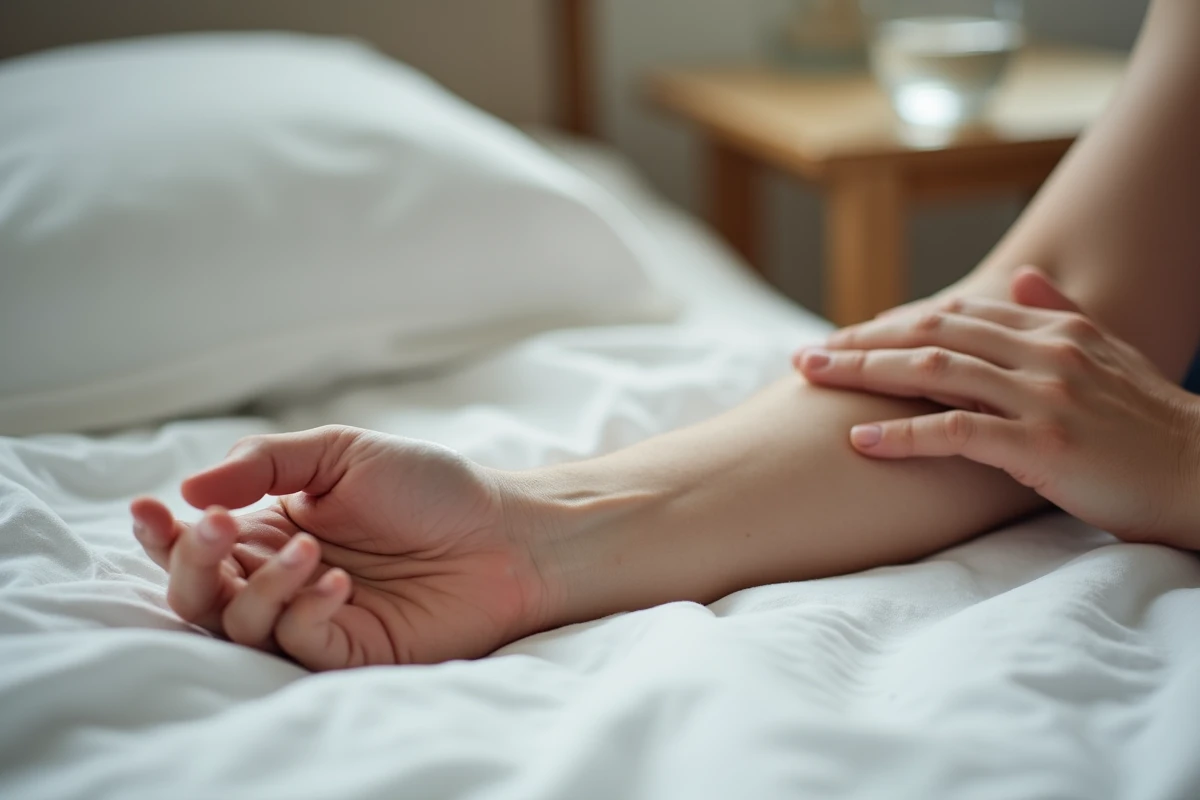 Gros plan d'un avant-bras humain sur du linge blanc illustrant les picotements et fourmillements liés à une neuropathie périphérique