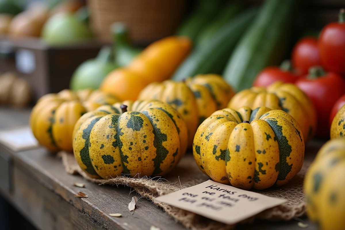 Gros plan de coloquintes toxiques variées sur une surface en bois rustique avec étiquette d'avertissement manuscrite visible au marché