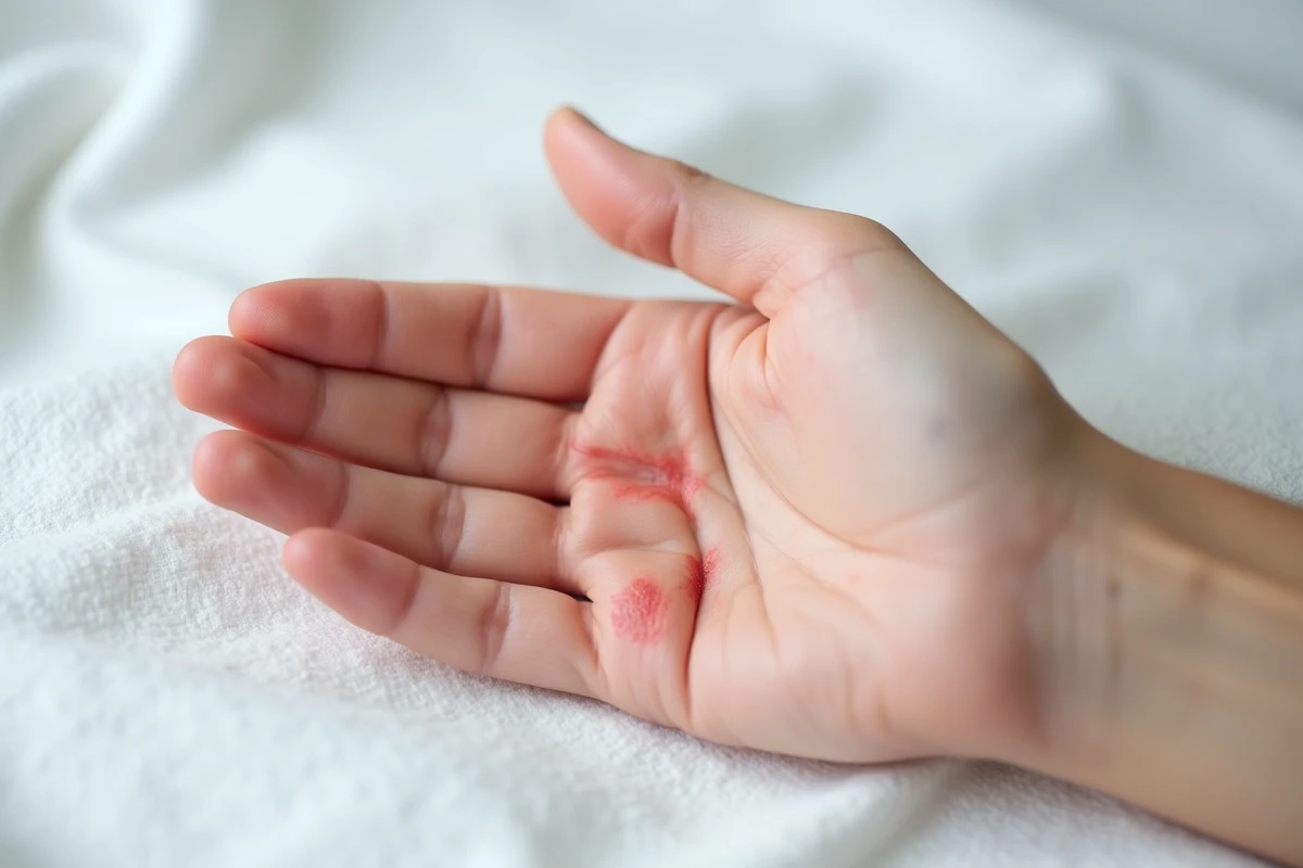 Gros plan sur une main gauche irritée et qui démange posée sur tissu blanc, rougeur visible sur la paume