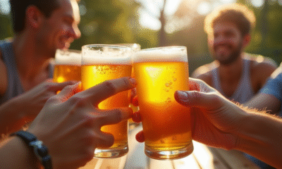 Groupe d'amis trinquant avec bières sans gluten sur terrasse ensoleillee