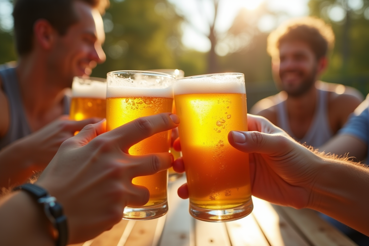 Groupe d'amis trinquant avec bières sans gluten sur terrasse ensoleillee