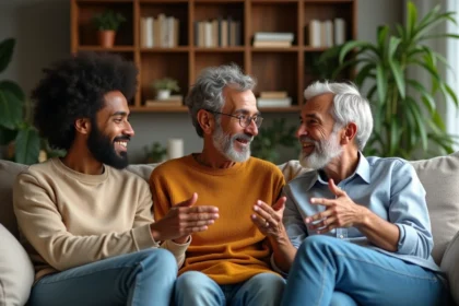Trois adultes souriants dans un salon convivial