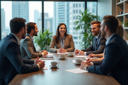 Groupe de professionnels en réunion dans un bureau lumineux