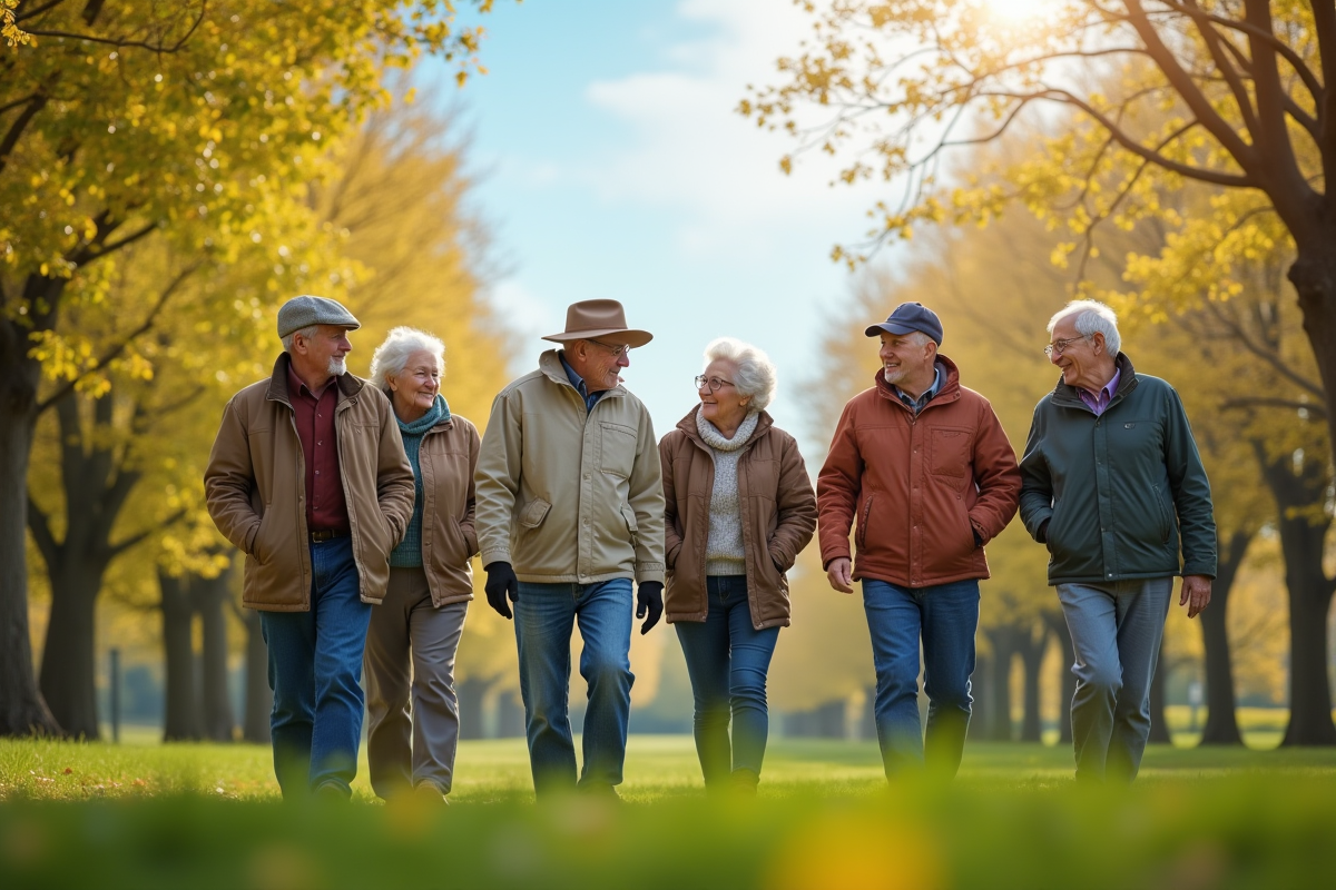 Groupe de seniors se promenant dans un parc ensoleille