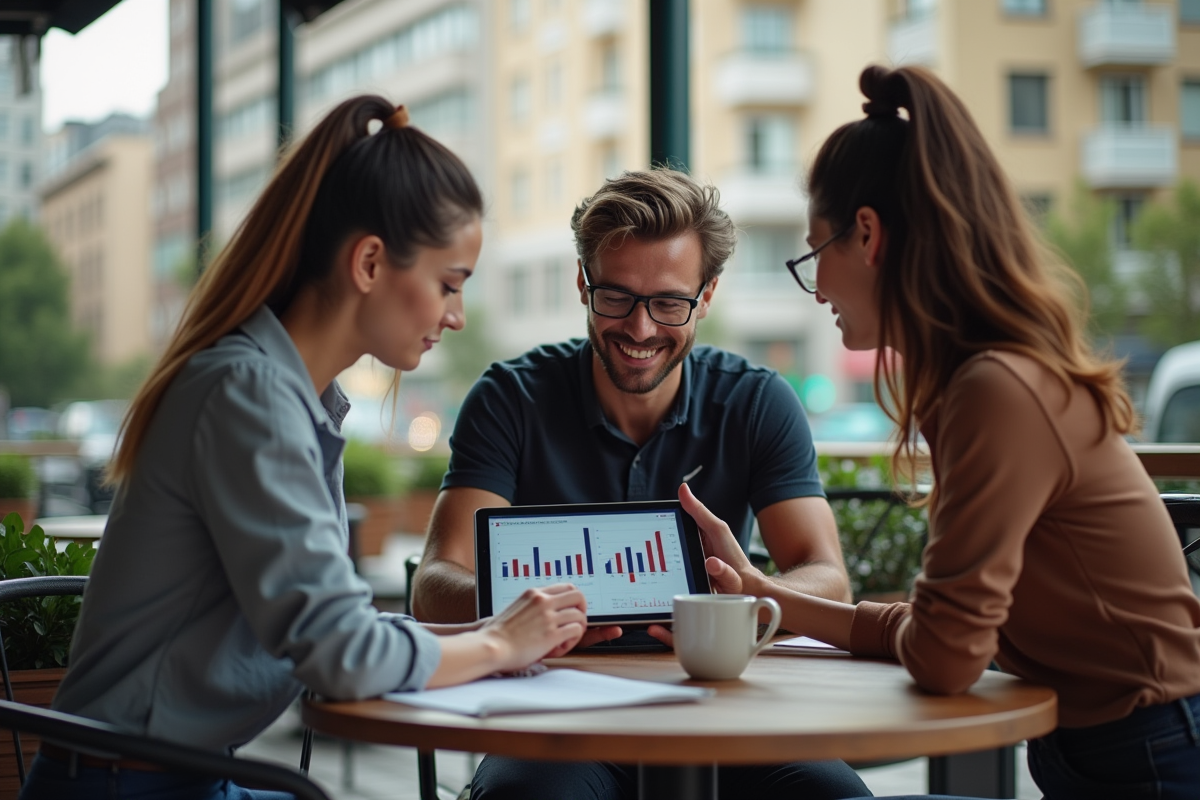 Groupe de trois personnes discutant de finances au café en ville