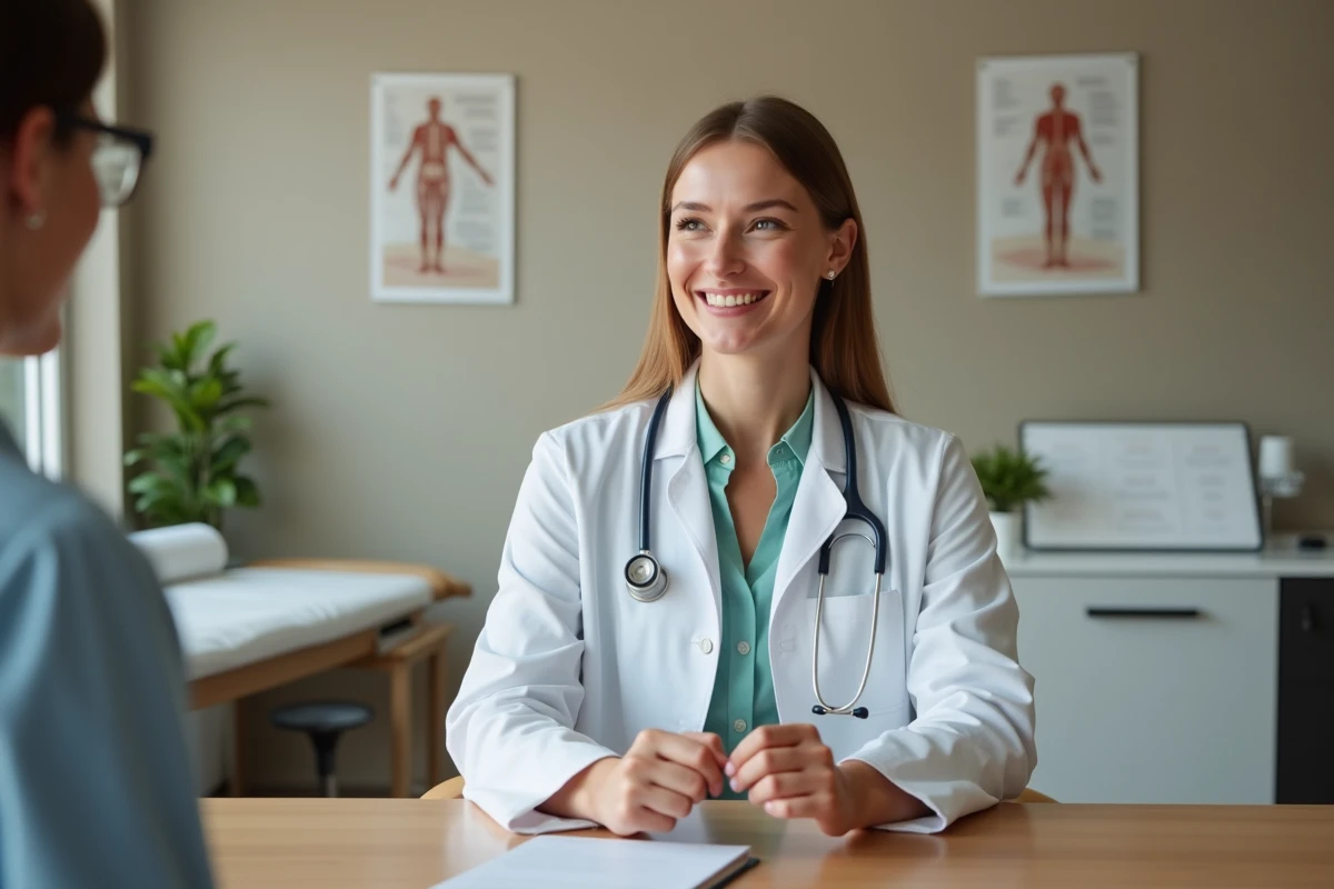 Gynécologue en consultation médicale expliquant un diagnostic à une patiente dans un cabinet moderne