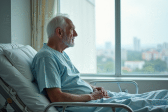 Homme âgé assis sur un lit d'hôpital regardant par la fenêtre