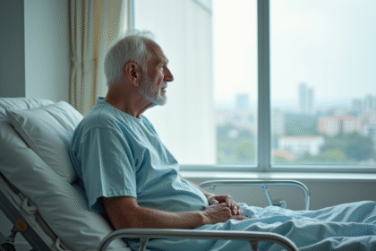 Homme âgé assis sur un lit d'hôpital regardant par la fenêtre