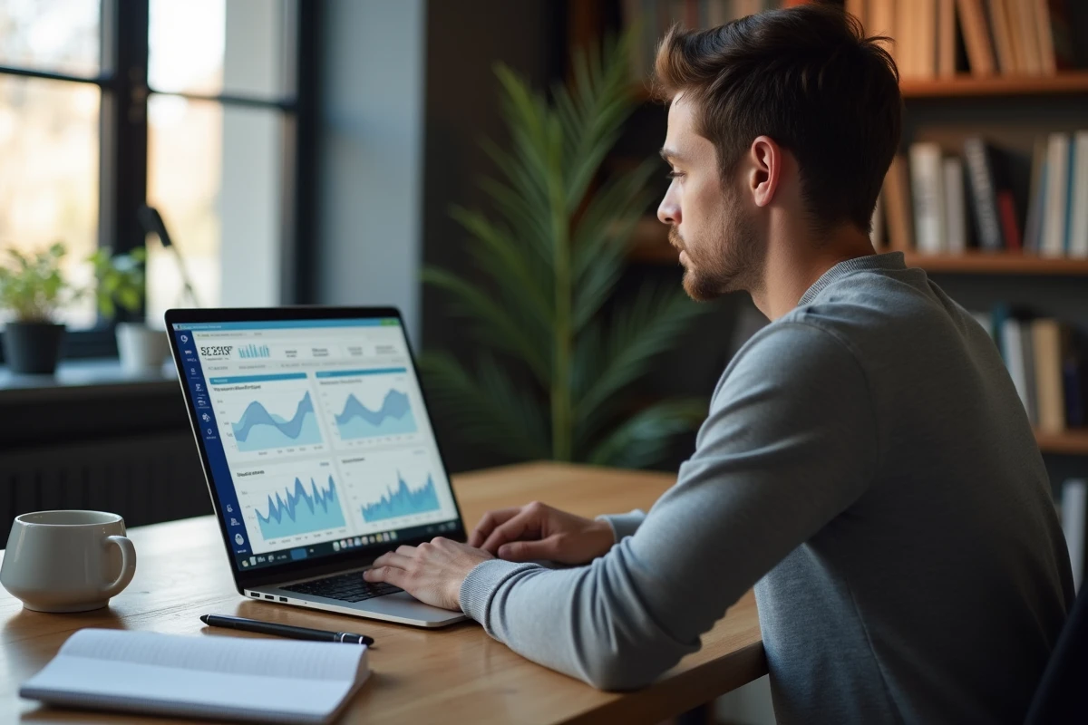 Homme analysant une application de calcul de durée de sommeil sur un ordinateur portable à son bureau