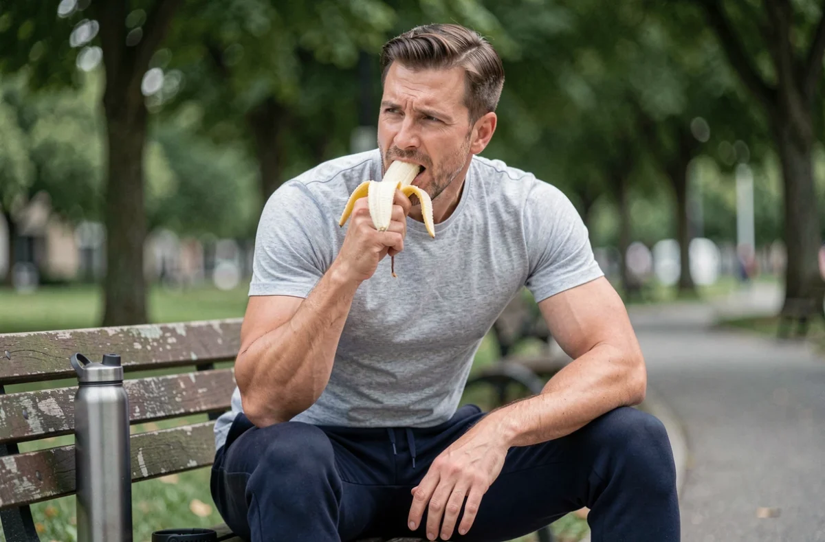 Homme mangeant une banane après le sport dans un parc pour favoriser la perte de poids abdominale