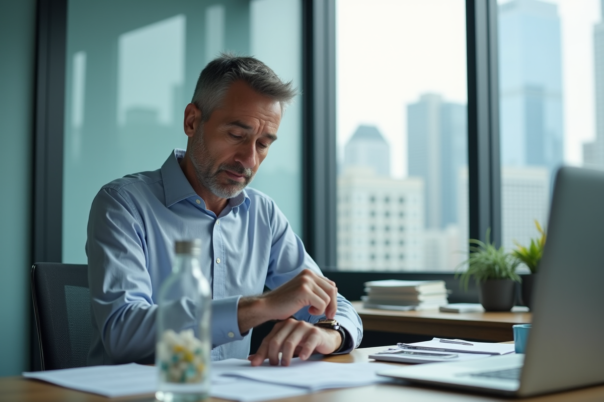 Homme d age regardant sa montre au bureau