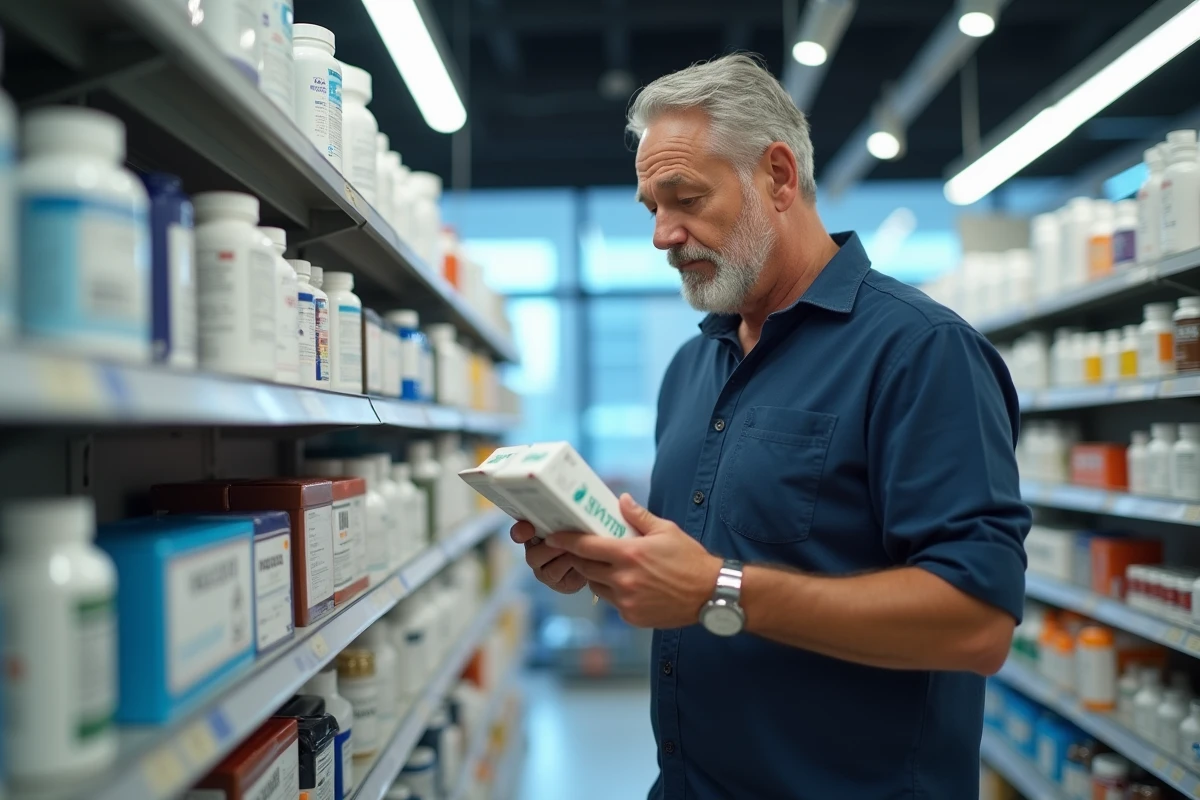 Homme comparant des compléments au magnésium en pharmacie pour choisir un régulateur de cortisol