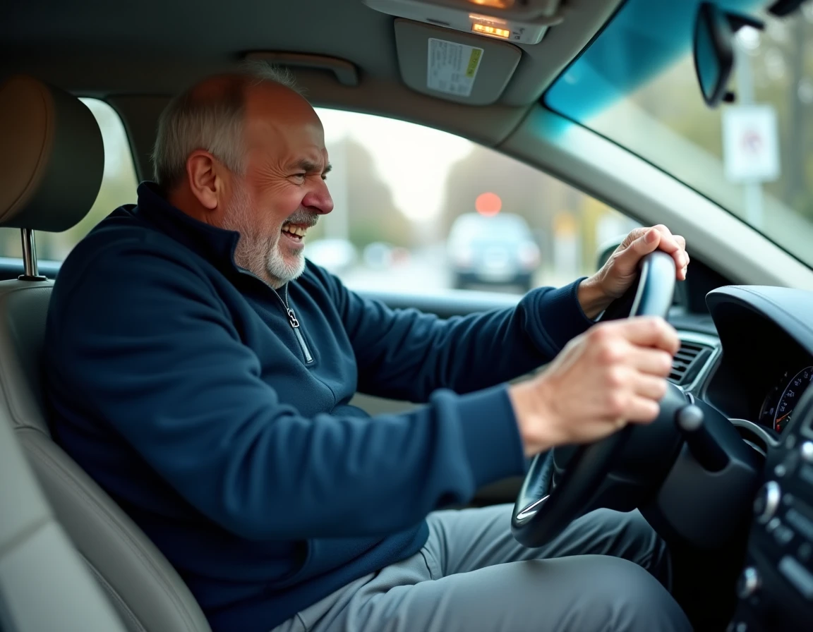 Homme de 52 ans souffrant de cruralgie à la hanche assis inconfortablement au volant de sa voiture, questionnant la conduite avec cette douleur