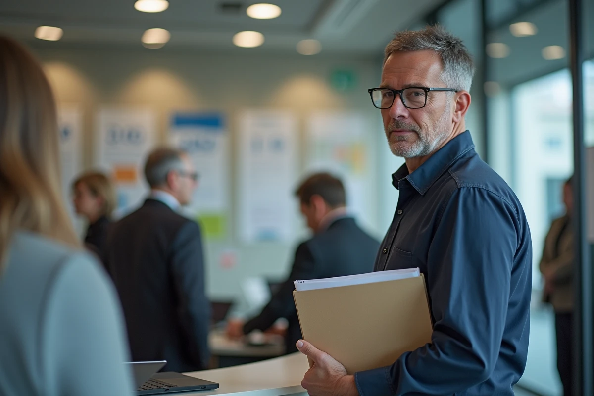 Homme approchant le comptoir dans un bureau de sécurité sociale