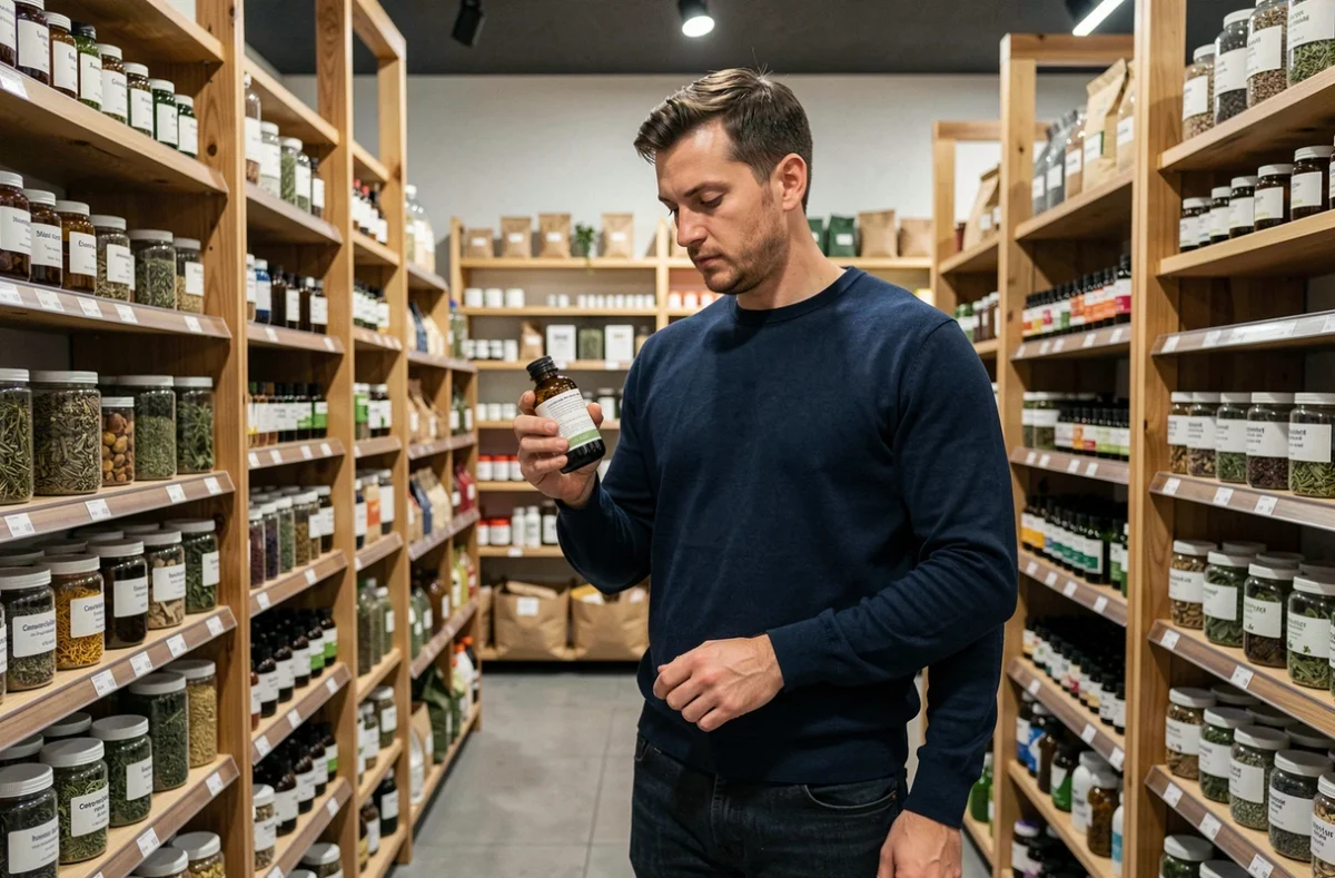 Homme débutant lisant l'étiquette d'un complément alimentaire naturel dans une boutique bio spécialisée en santé naturelle