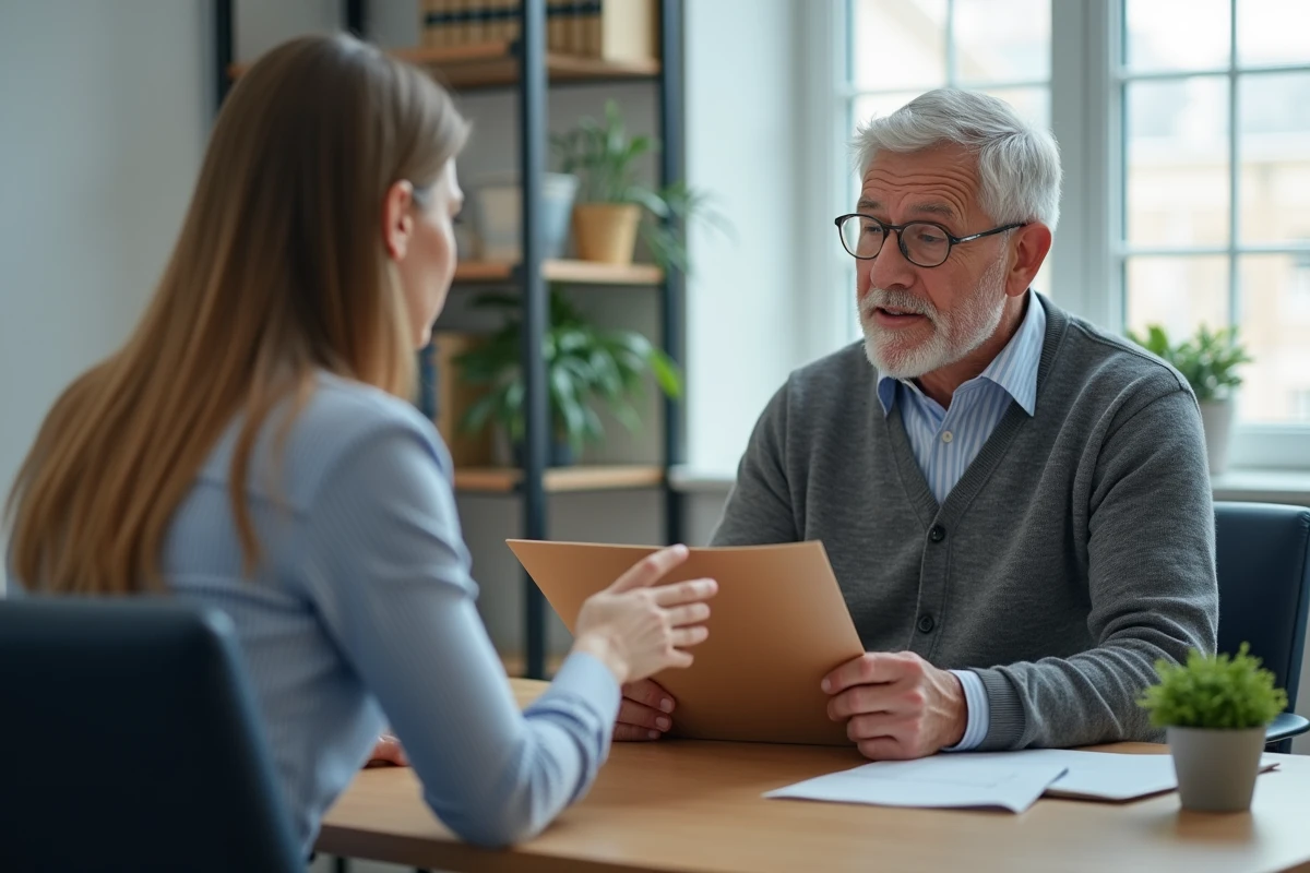 Homme en discussion avec une professionnelle dans un bureau sérieux