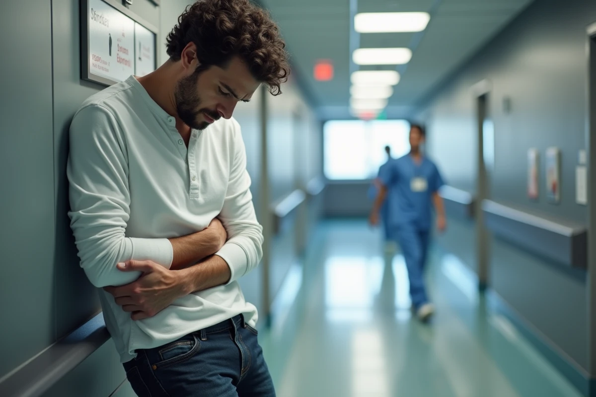 Homme souffrant d'une douleur sous les côtes droites dans un couloir d'hôpital, hésitant à aller aux urgences