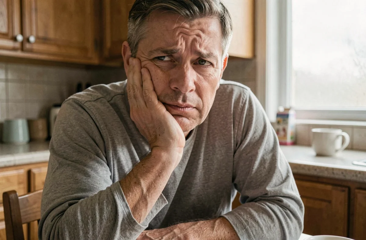 Homme d'âge mûr à la maison tenant sa joue en raison d'une douleur liée à une dent dévitalisée qui bouge