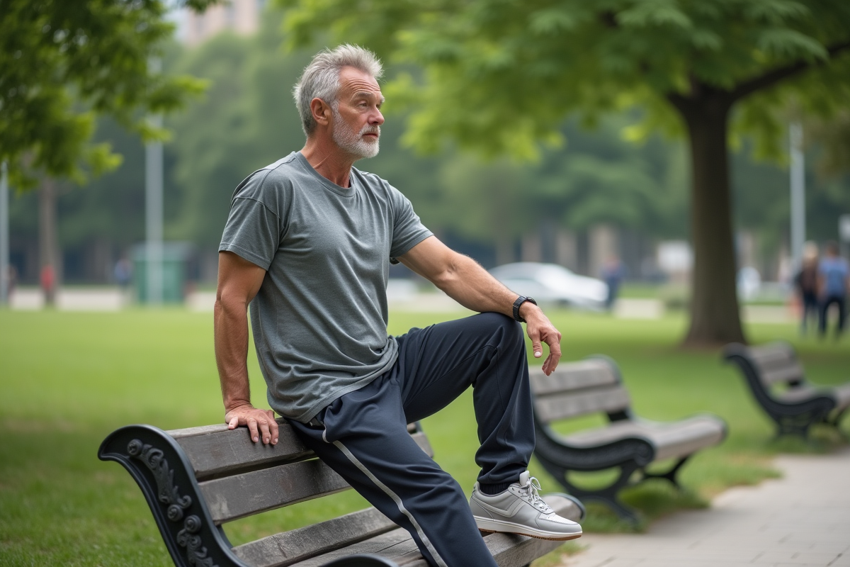 Homme faisant un étirement dans un parc urbain