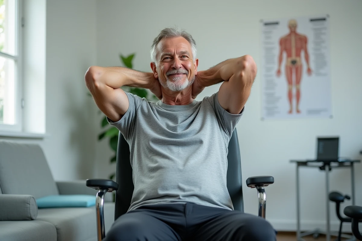 Homme en physiotherapie réalisant un exercice de retraction cervicale