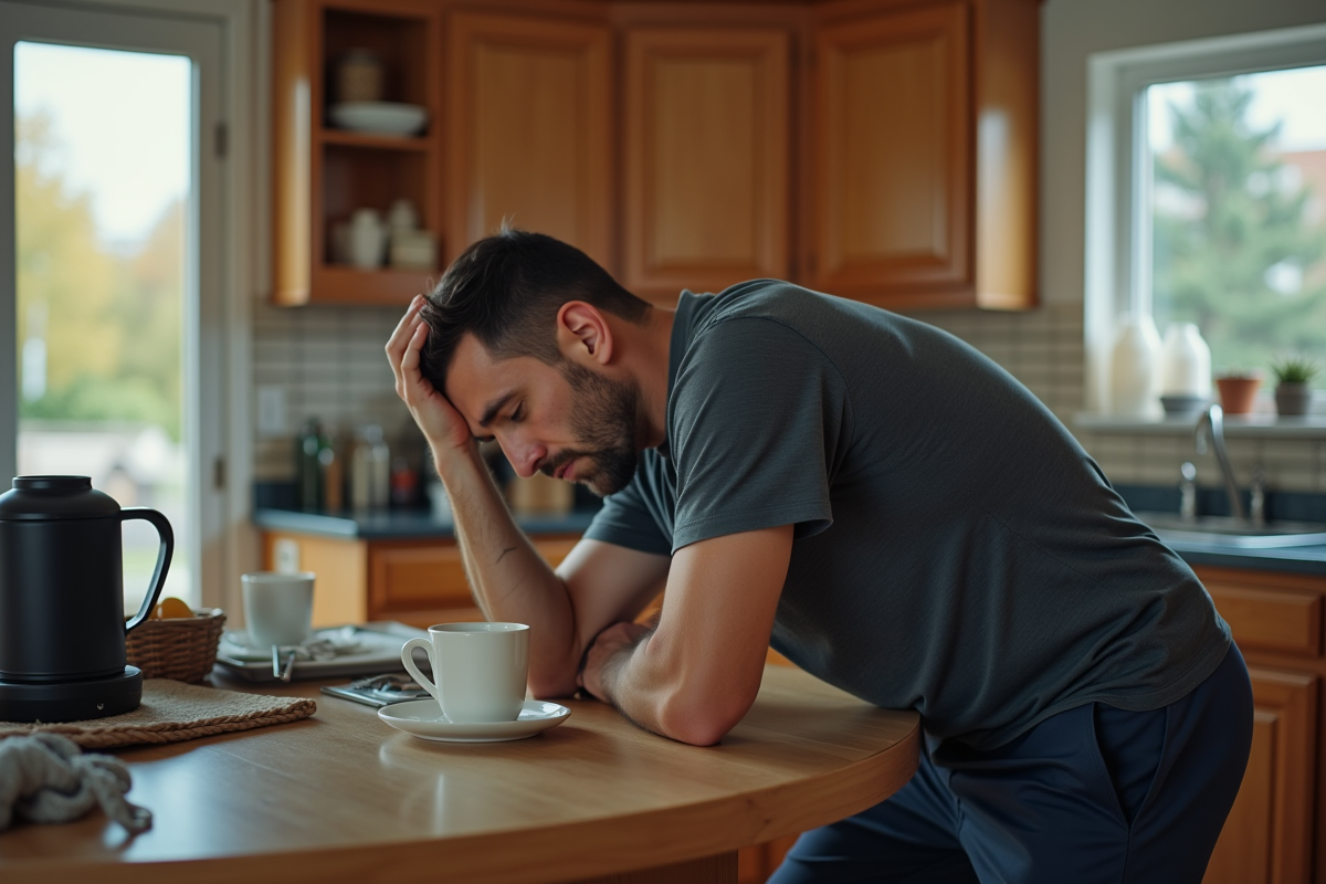 Homme fatigué dans la cuisine le matin